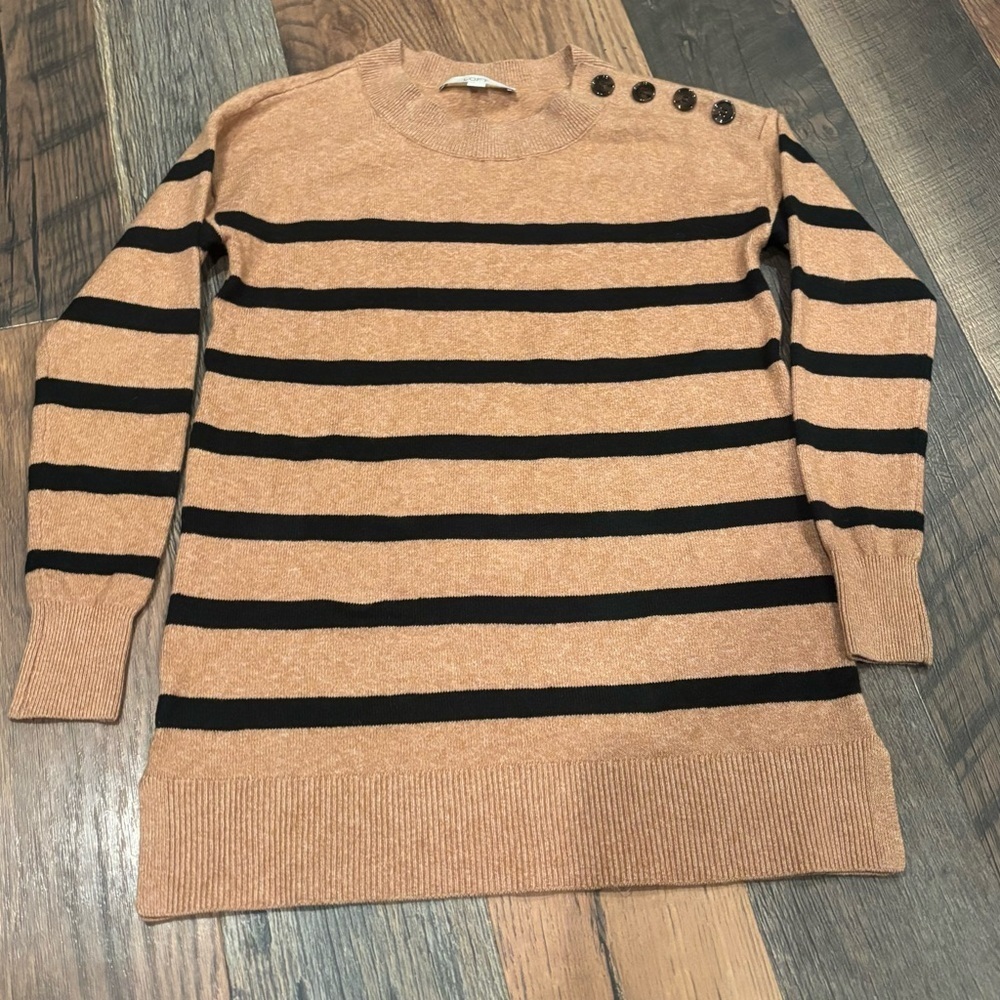 LOFT Camel/Tan and Black Striped Crew Neck Sweater with Button details XS - Picture 9 of 12